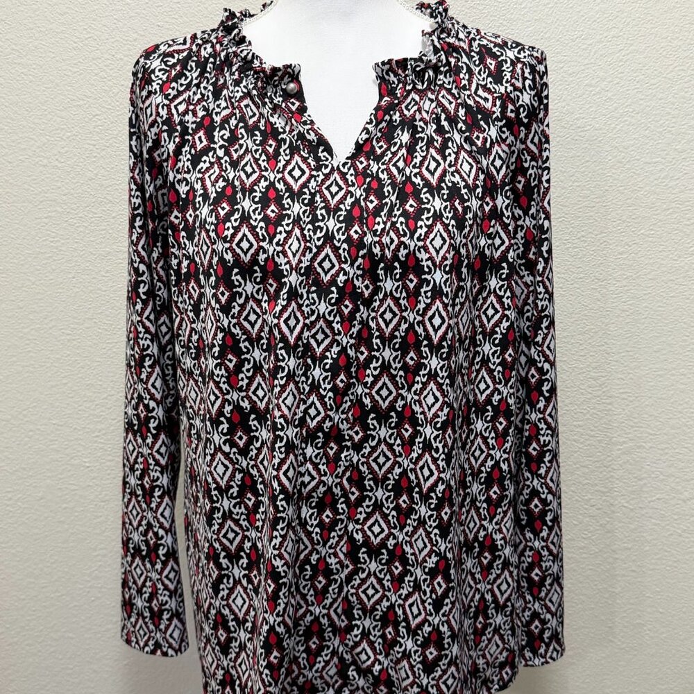 Croft & Barrow red, black, white long sleeve woman's blouse, ruffled collar, L